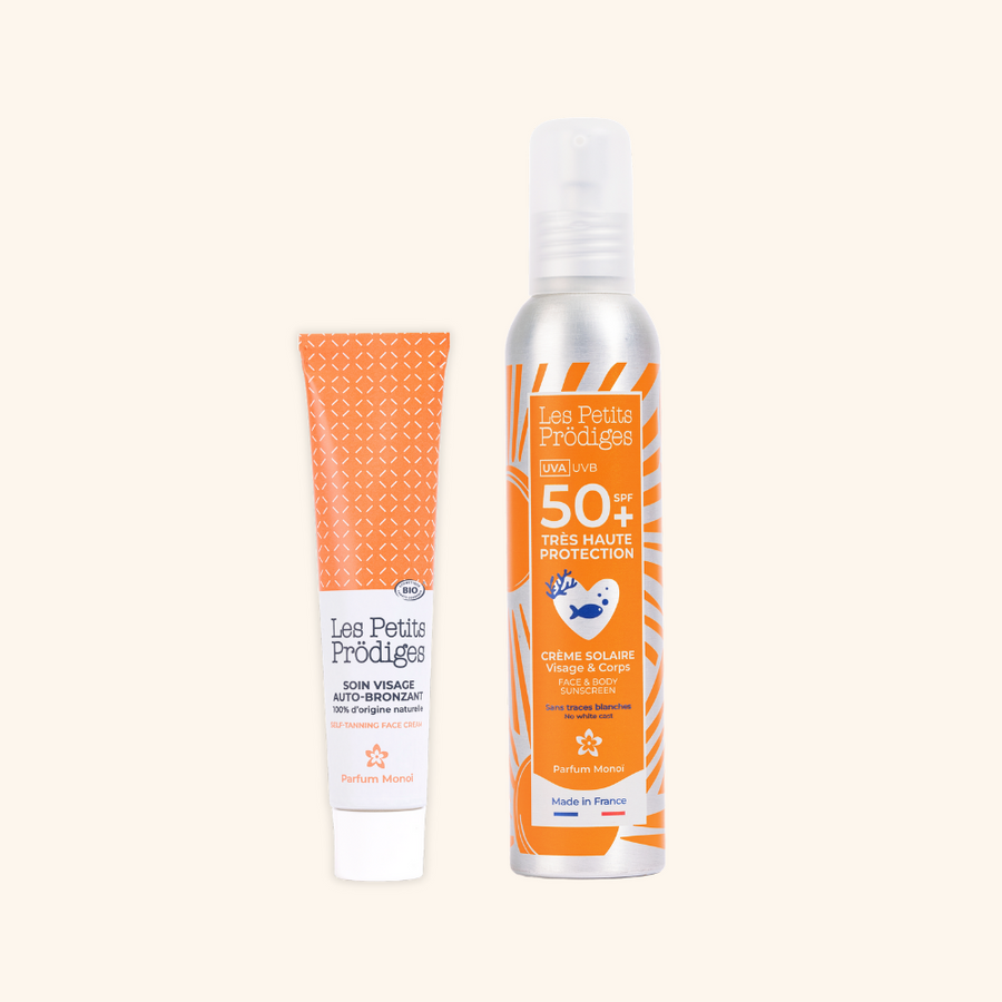crème solaire très haute protection clean SPF50+ & soin visage auto-bronzant BIO tout type de peau parfum monoï