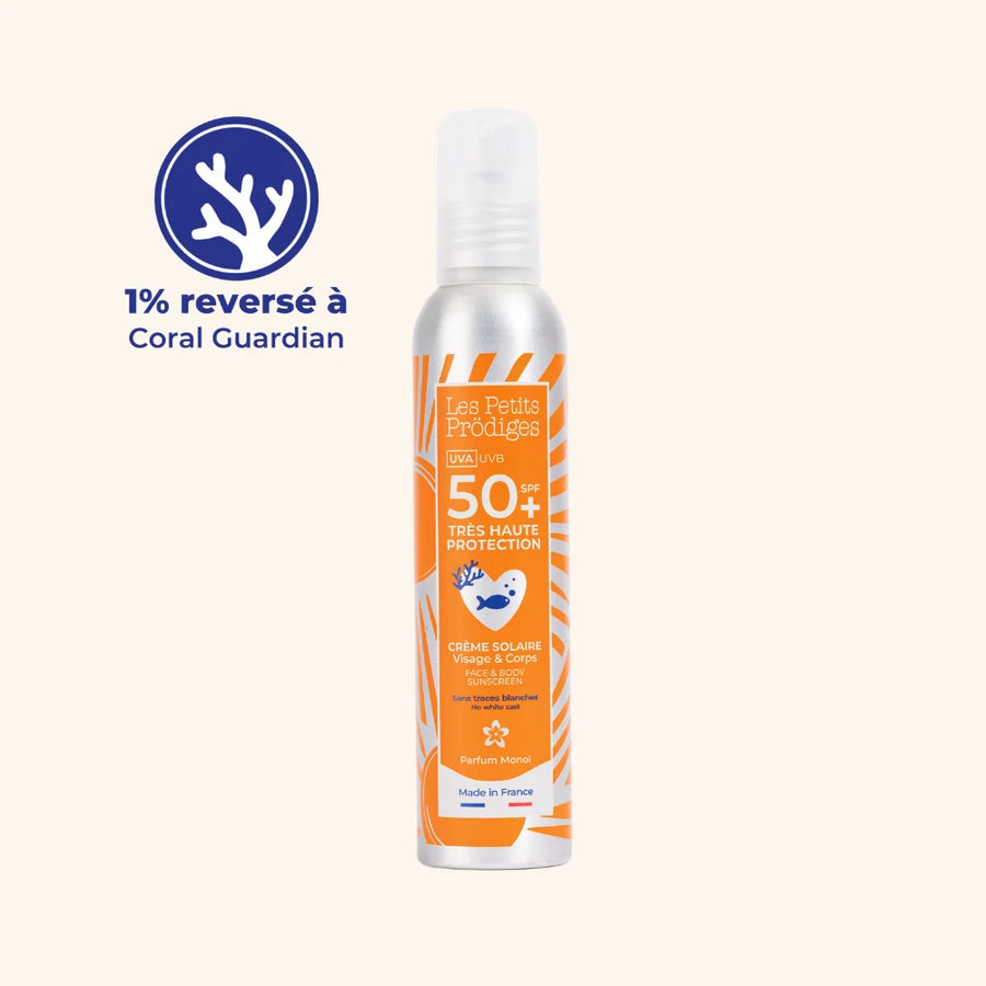 crème solaire naturelle respectueuse de l'environnement haute protection SPF50+ visage & corps parfum monoï