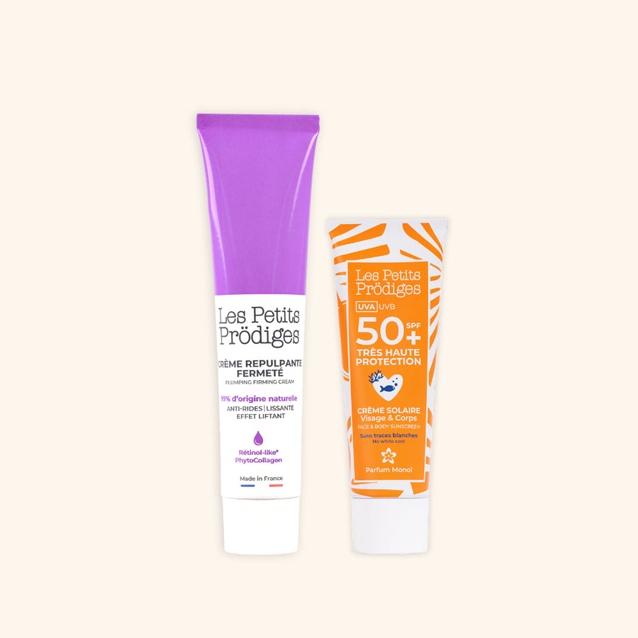 duo anti âge crème repulpante fermeté et crème solaire SPF 50+