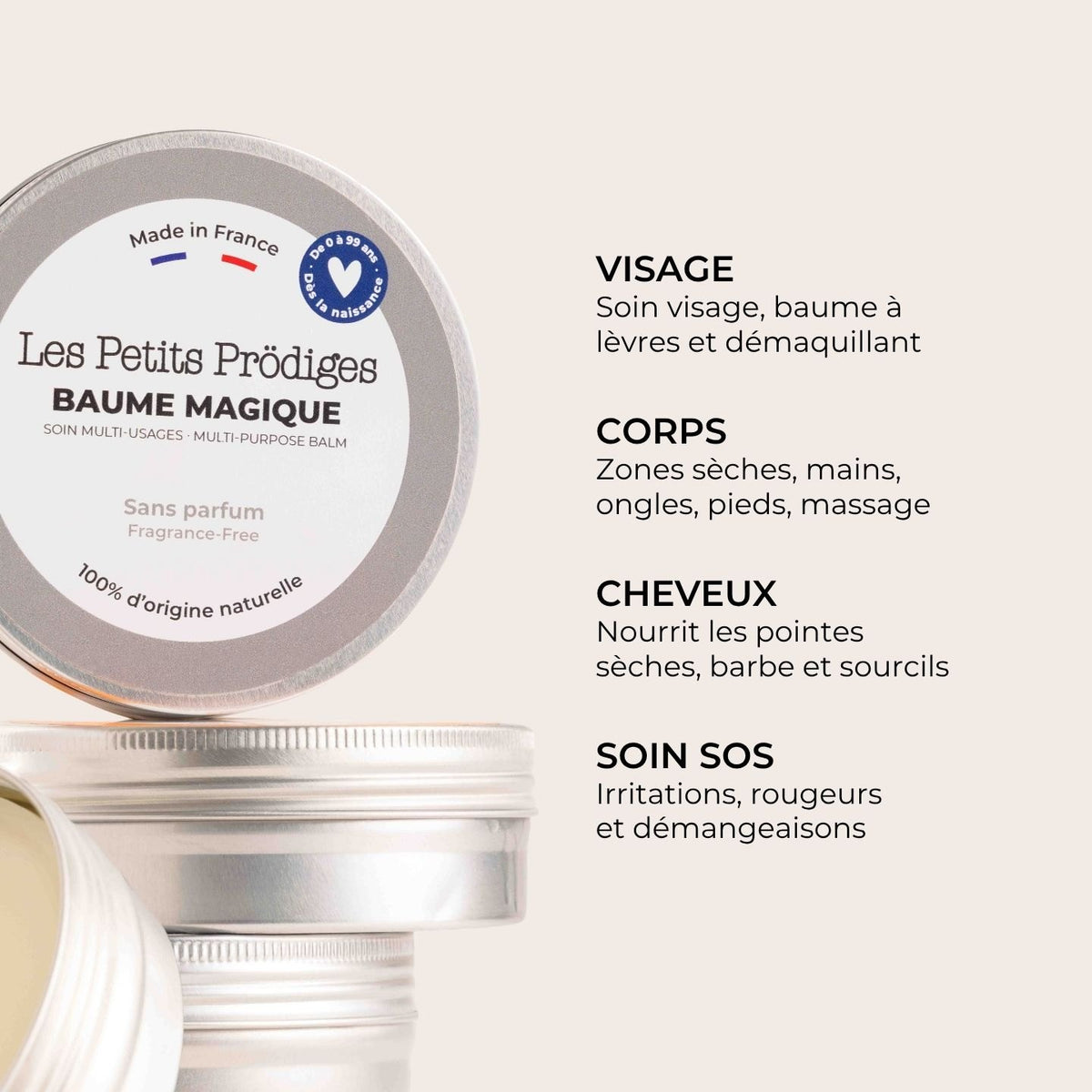 Baume Magique sans parfum et ses usages : visage, corps, cheveux et soin SOS