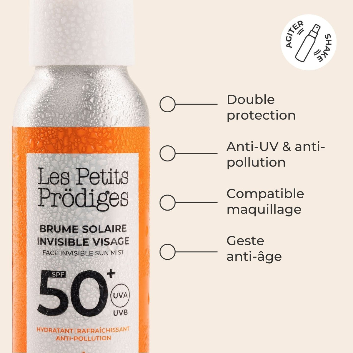 Brume Solaire Invisible Visage SPF 50+ : double protection, anti-UV et anti-pollution, compatible maquillage