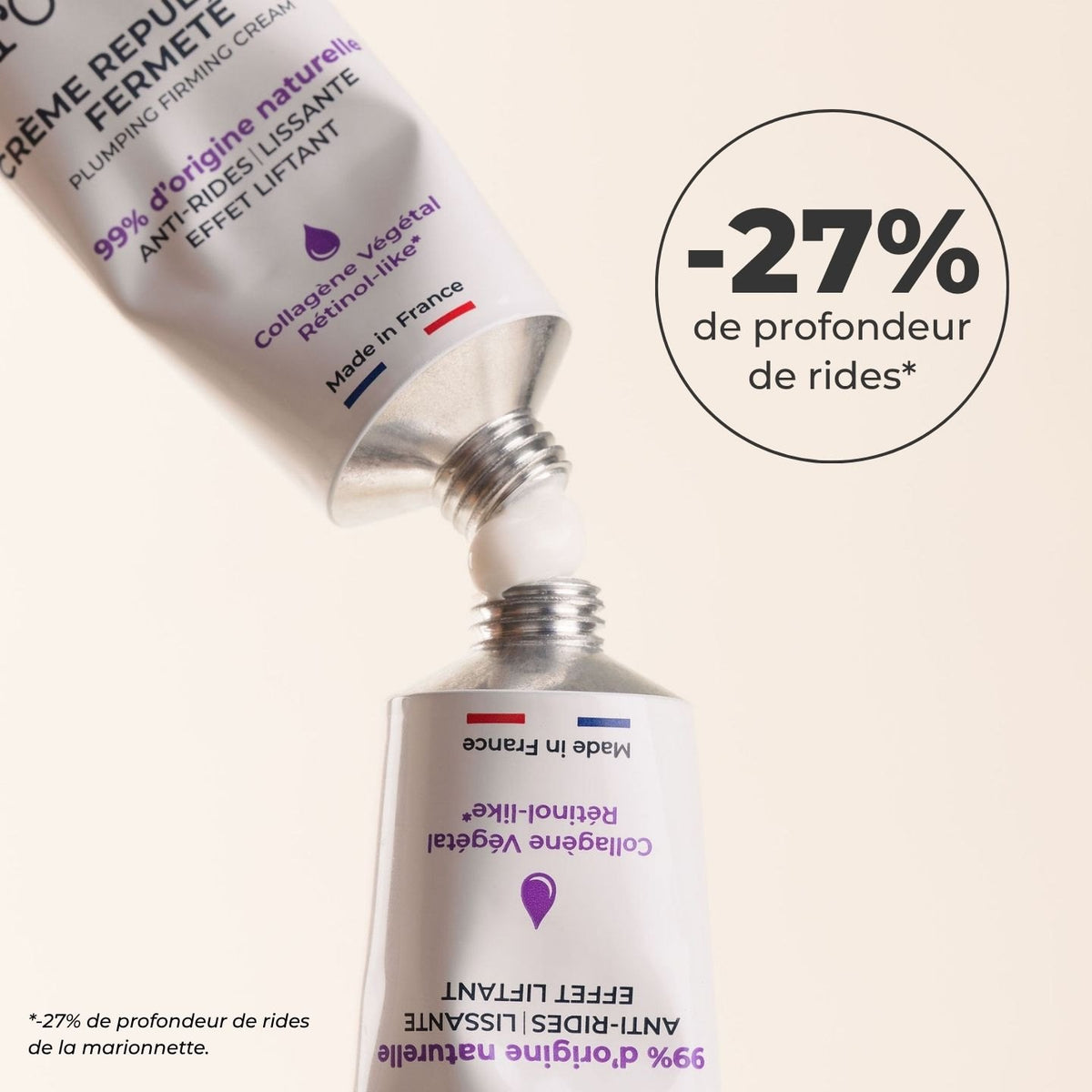 Tube de Crème Repulpante Fermeté ouvert, -27 % de profondeur de rides