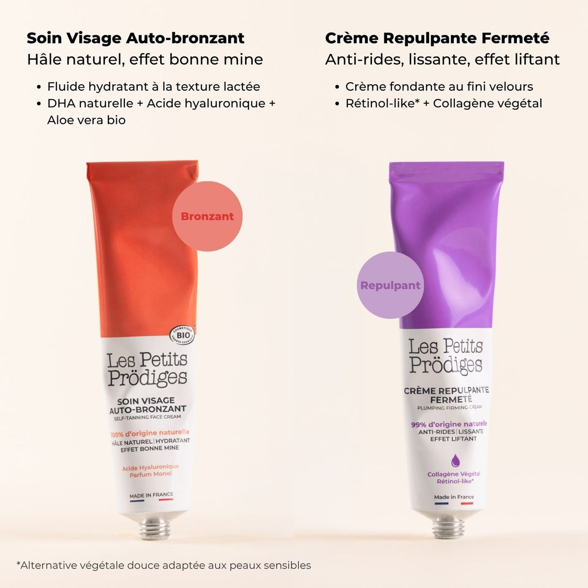 Duo Auto-bronzant et Repulpant : Soin Visage Auto-bronzant et Crème Repulpante Fermeté