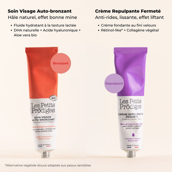 Duo Auto-bronzant et Repulpant : Soin Visage Auto-bronzant et Crème Repulpante Fermeté