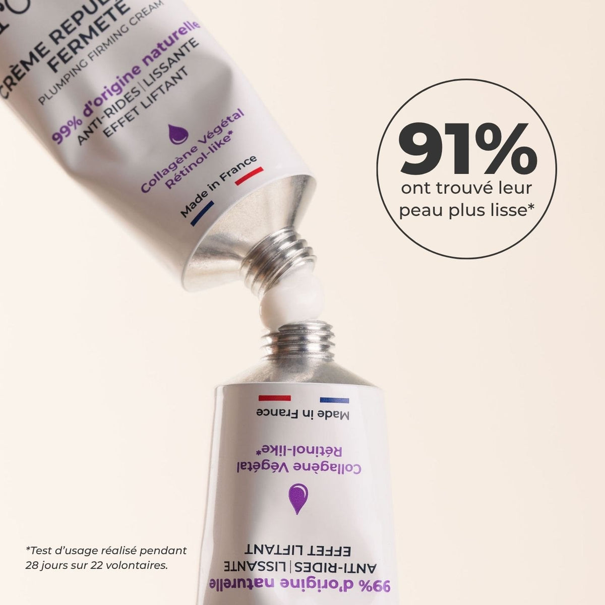 Tube de Crème Repulpante Fermeté ouvert, 91 % ont trouvé leur peau plus lisse