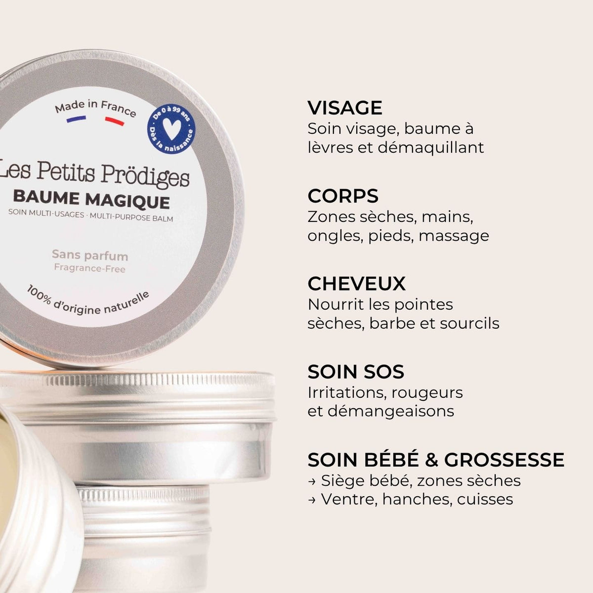 Baume Magique sans parfum et ses usages : visage, corps, cheveux, soin SOS, bébé et grossesse
