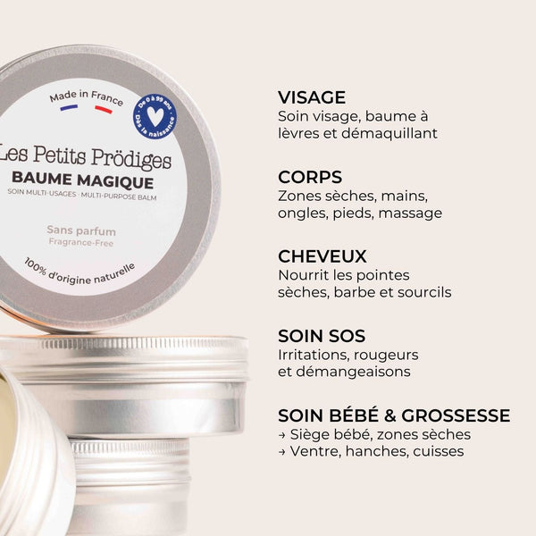 Baume Magique sans parfum et ses usages : visage, corps, cheveux, soin SOS, bébé et grossesse