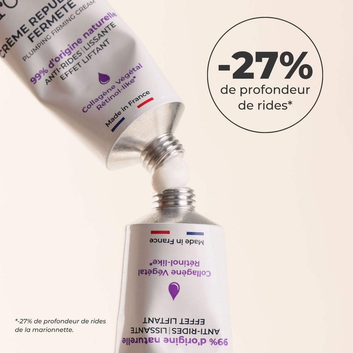 Tube de Crème Repulpante Fermeté ouvert, -27 % de profondeur de rides