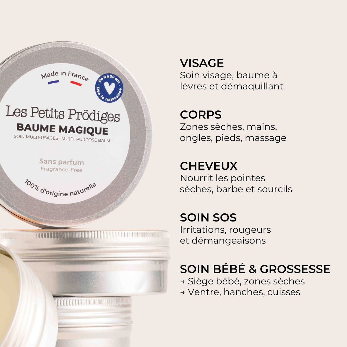 Baume Magique sans parfum et ses usages : visage, corps, cheveux, soin SOS, bébé et grossesse