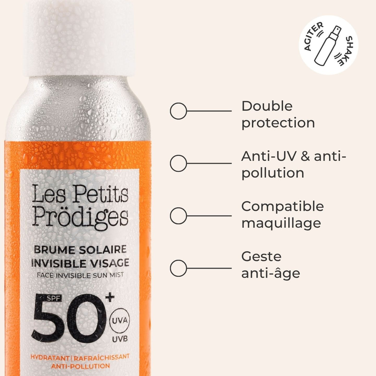 Brume Solaire Invisible Visage SPF 50+ : double protection, anti-UV et anti-pollution, compatible maquillage