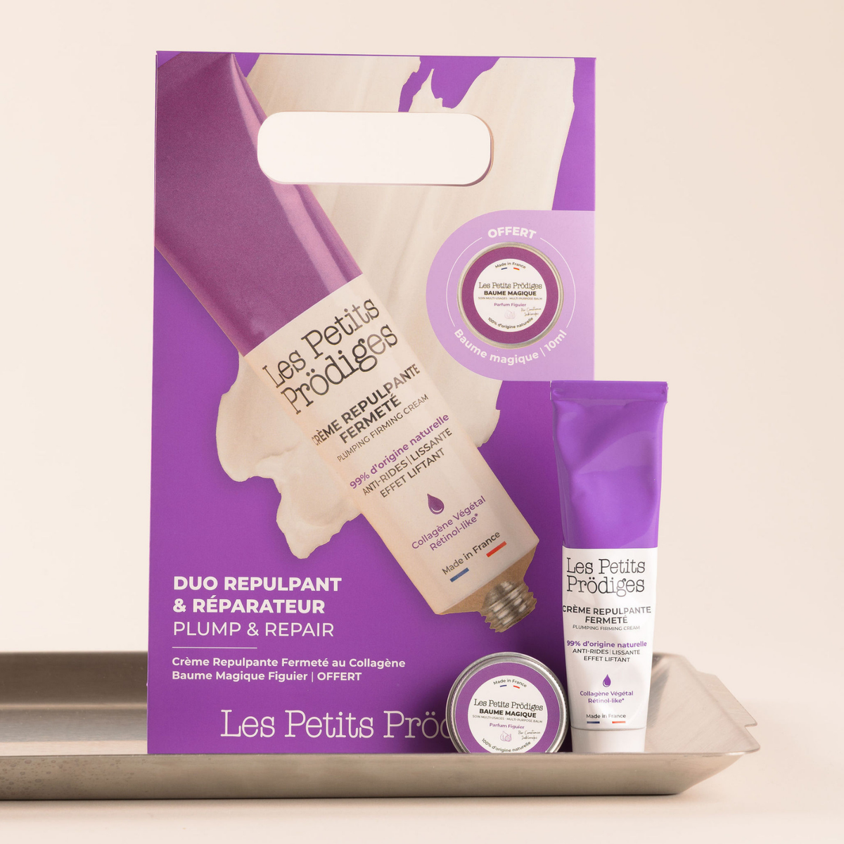 Coffret Duo Repulpant & Réparateur Les Petits Prödiges, comprenant la Crème Repulpante Fermeté 40 ml et le Baume Magique Figuier 10 ml offert.
