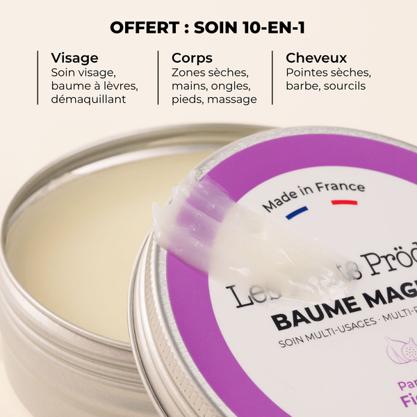 Baume Magique Figuier Les Petits Prödiges, soin 10-en-1 offert dans le Duo Repulpant & Réparateur, pour le visage, le corps et les cheveux.