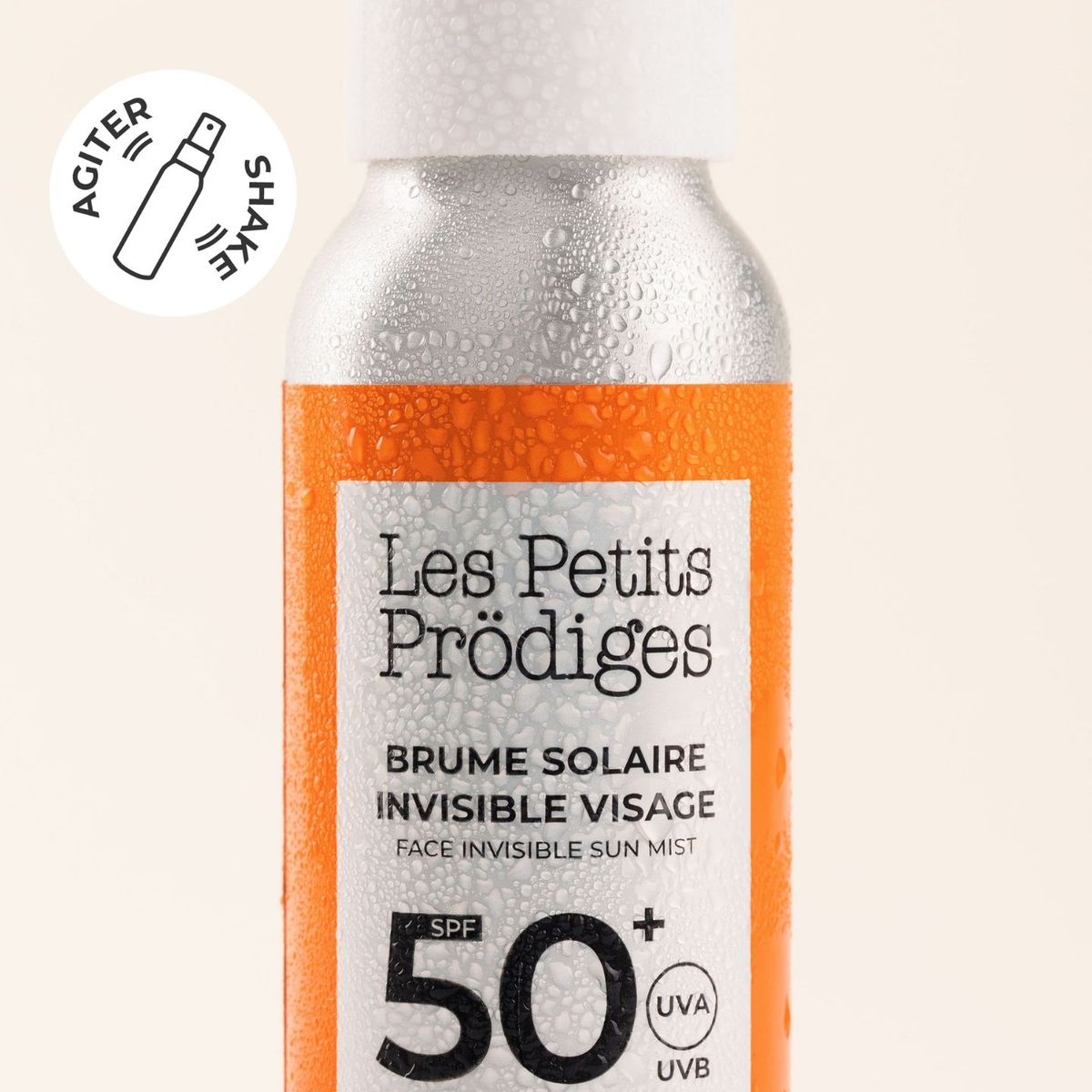 Flacon de Brume Solaire Invisible Visage SPF 50+ Les Petits Prödiges, à agiter avant usage