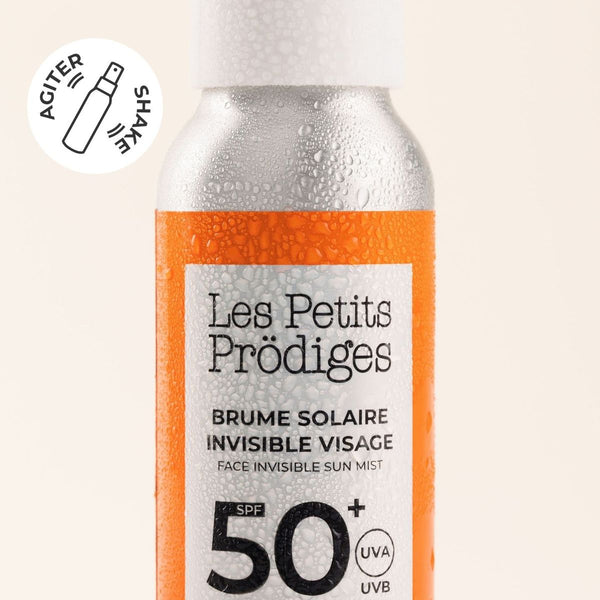 Flacon de Brume Solaire Invisible Visage SPF 50+ Les Petits Prödiges, à agiter avant usage