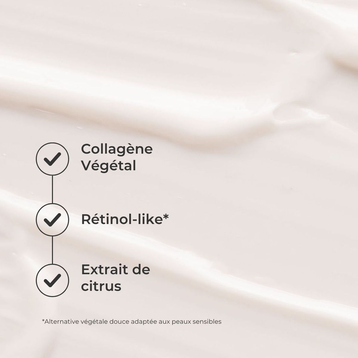 Texture crème, actifs clés : collagène végétal, rétinol-like et extrait de citrus