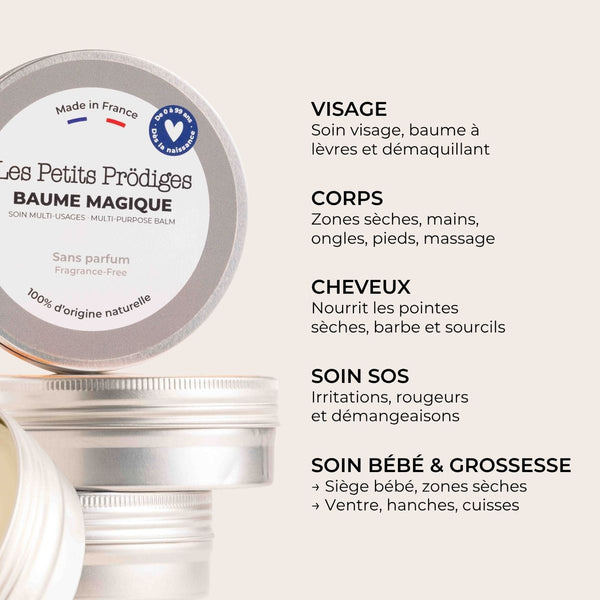 Baume Magique sans parfum et ses usages : visage, corps, cheveux, soin SOS, bébé et grossesse