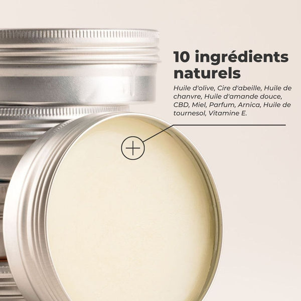 Pot ouvert de Baume Magique CBD, 10 ingrédients naturels dont huile d'olive et CBD