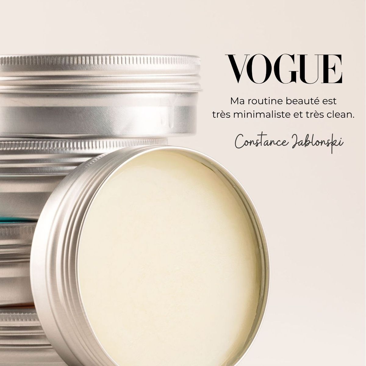Pot ouvert de Baume Magique Figuier avec une citation beauté parue dans Vogue