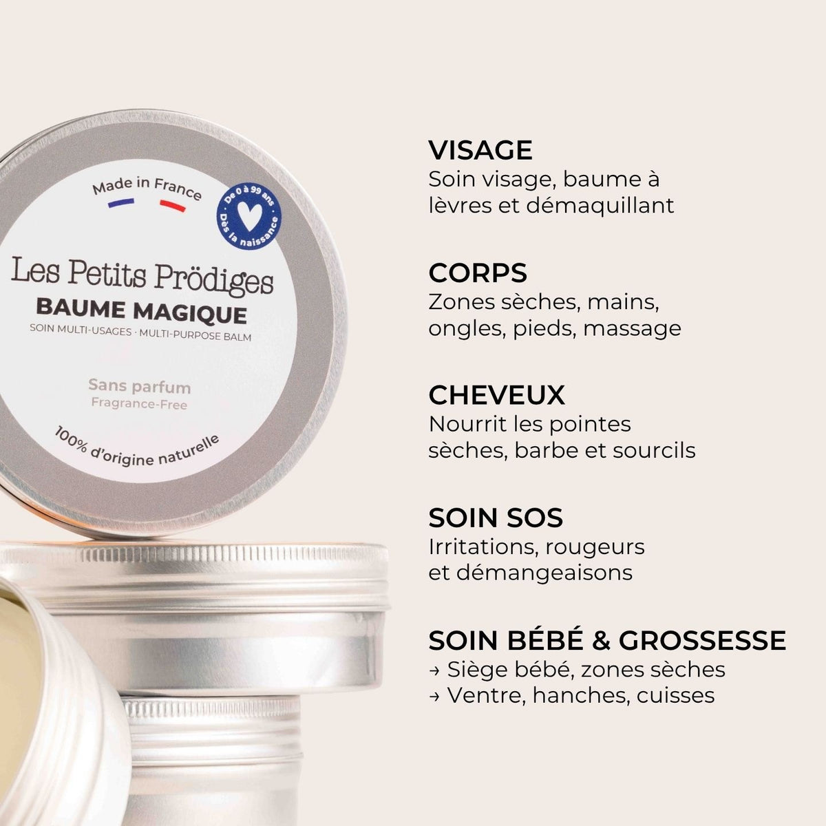 Baume Magique sans parfum et ses usages : visage, corps, cheveux, soin SOS, bébé et grossesse