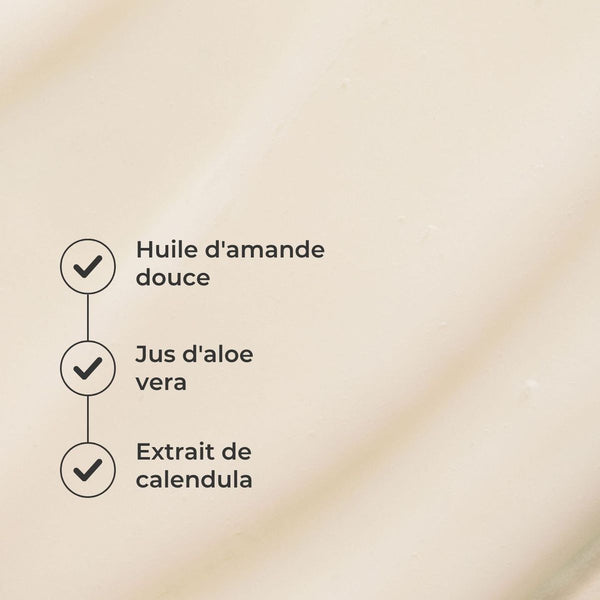 Texture du Lait Après-Soleil, actifs : huile d'amande douce, jus d'aloe vera, extrait de calendula
