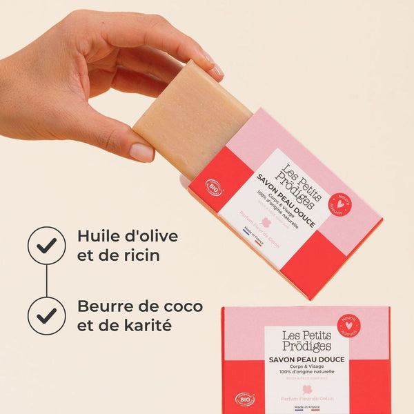 Savon Peau Douce et sa boîte : huile d'olive, huile de ricin, beurre de coco et de karité