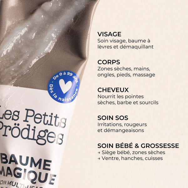 Baume Magique en tube et ses usages : visage, corps, cheveux, soin SOS, bébé et grossesse