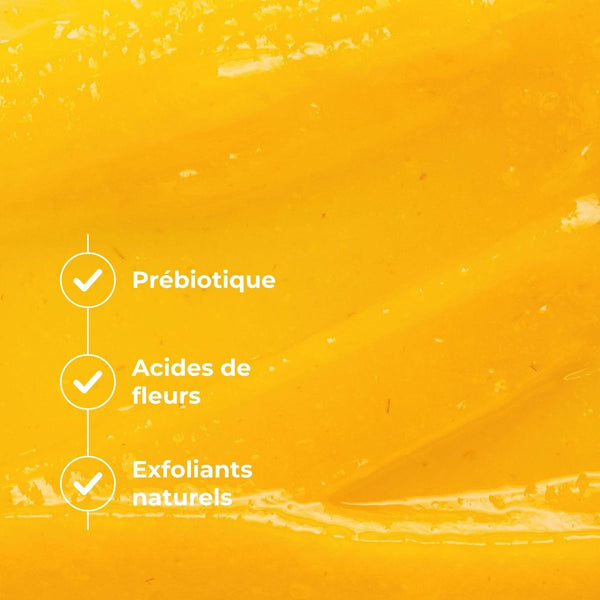 Texture ambrée du Masque Exfoliant Régénérant : prébiotique, acides de fleurs, exfoliants naturels