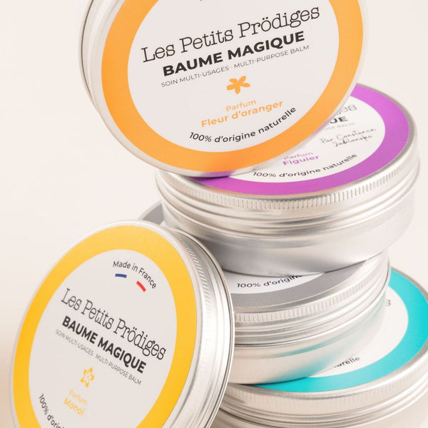 Pile de pots de Baume Magique aux parfums variés Les Petits Prödiges
