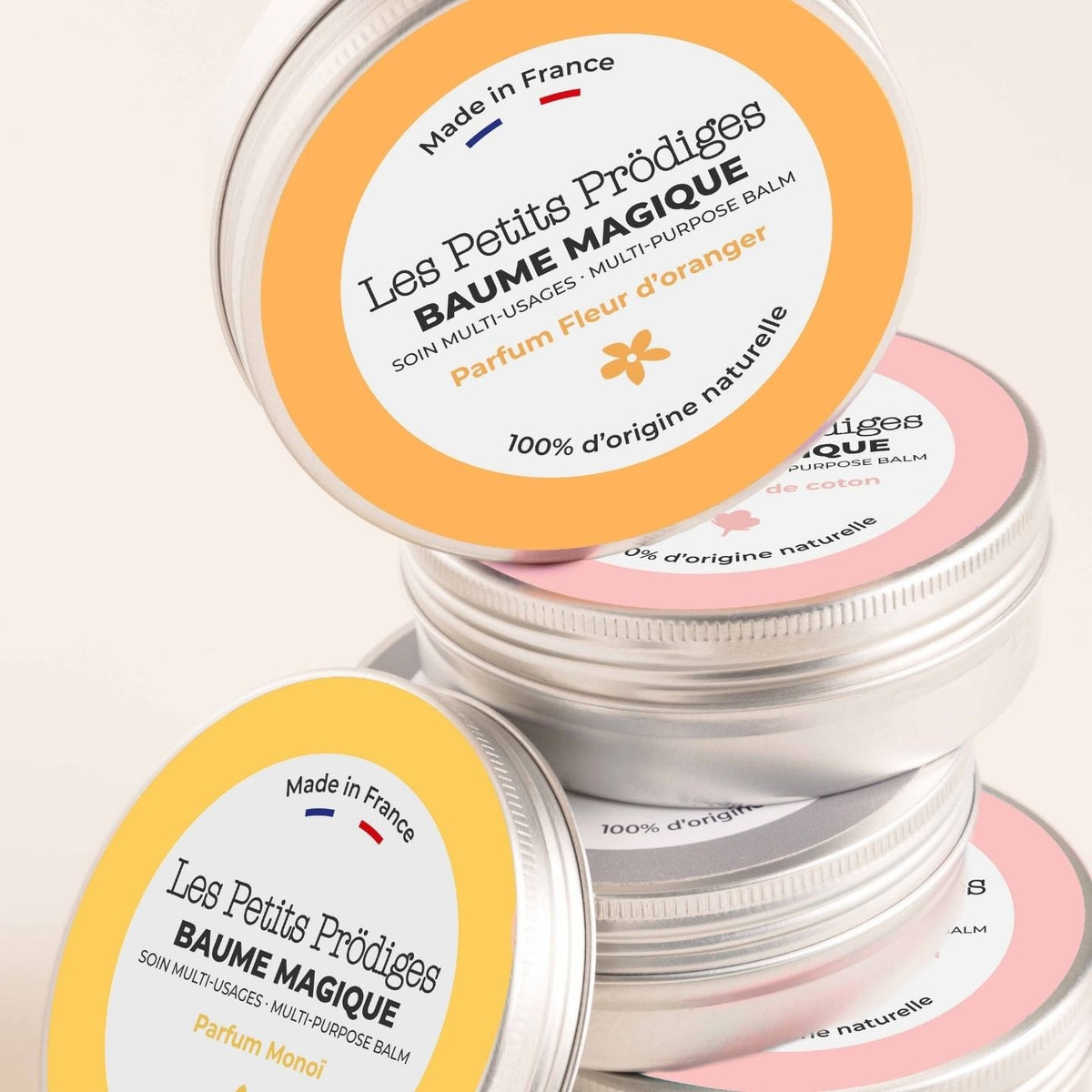 Pile de mini pots de Baume Magique aux parfums variés Les Petits Prödiges