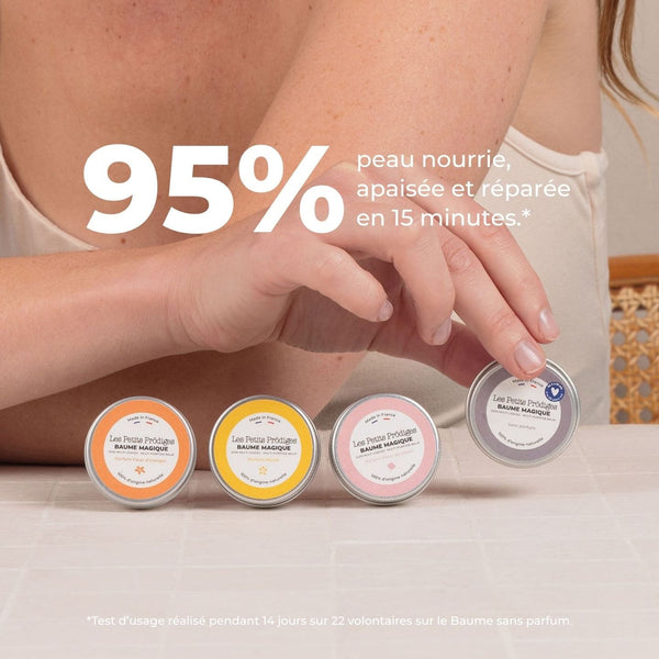 Quatre mini pots de Baume Magique alignés, 95 % peau nourrie, apaisée et réparée en 15 minutes